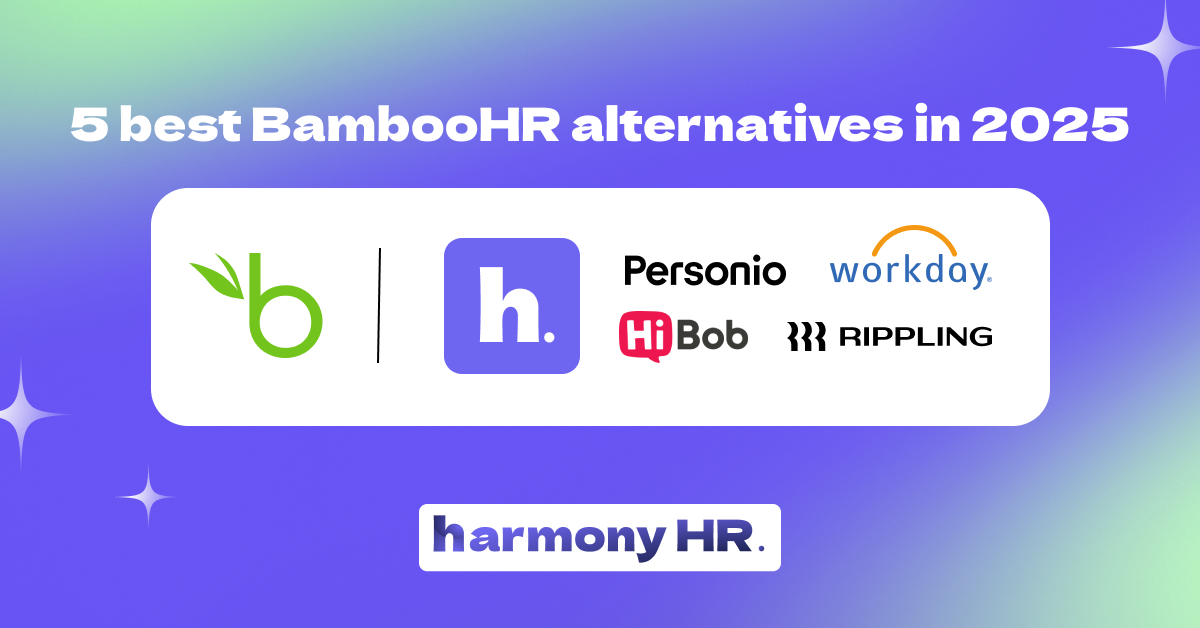 Cover image showing comparison of BambooHR alternatives and competitors including HarmonyHR, Rippling, HiBob, Personio and Workday