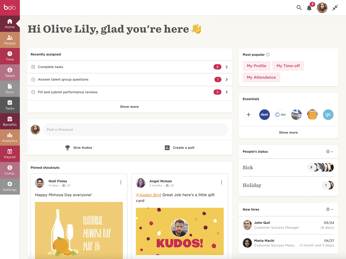 HiBob people analytics and engagement dashboard – culture-focused BambooHR alternative