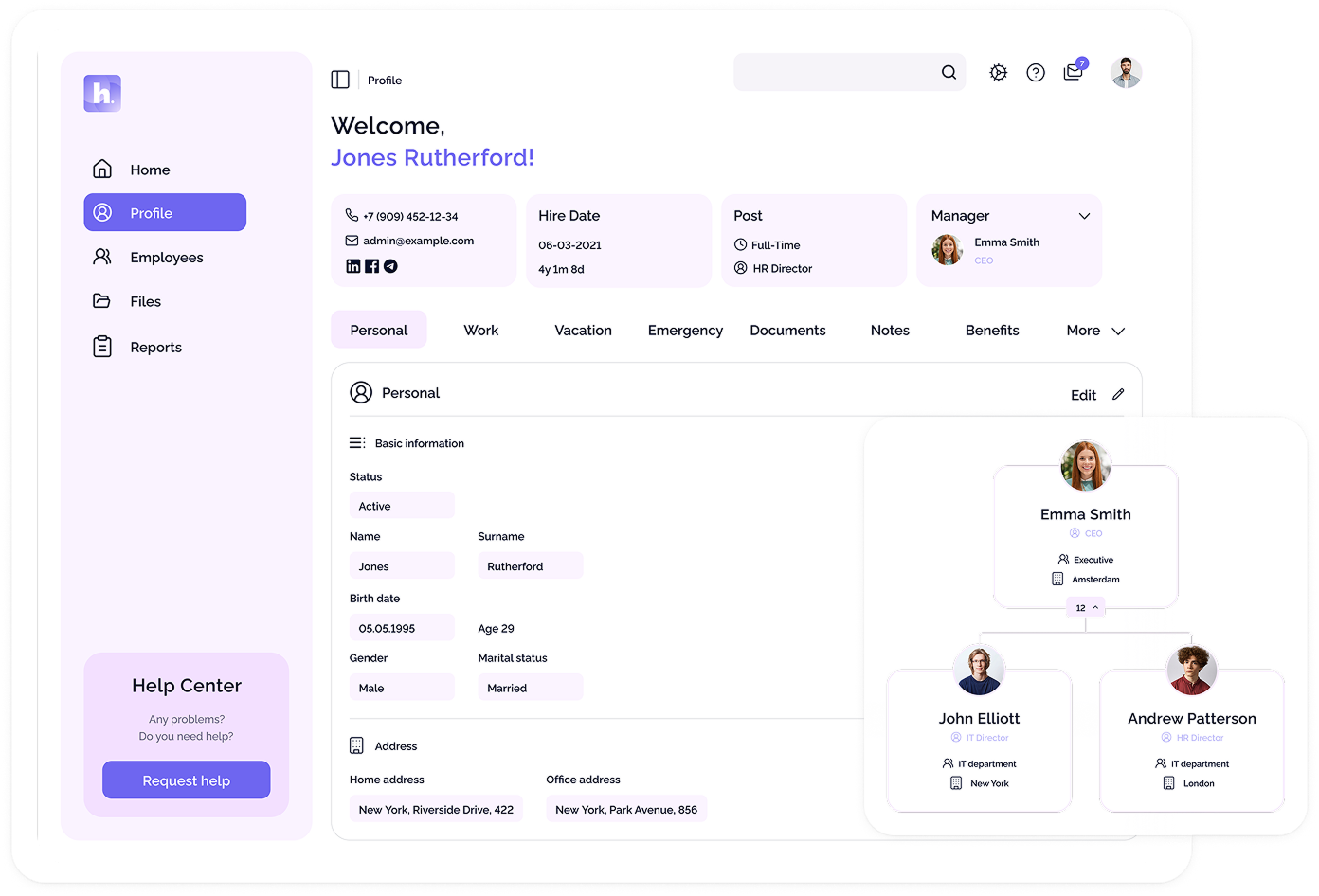 HarmonyHR interface showing employee profile for remote teams